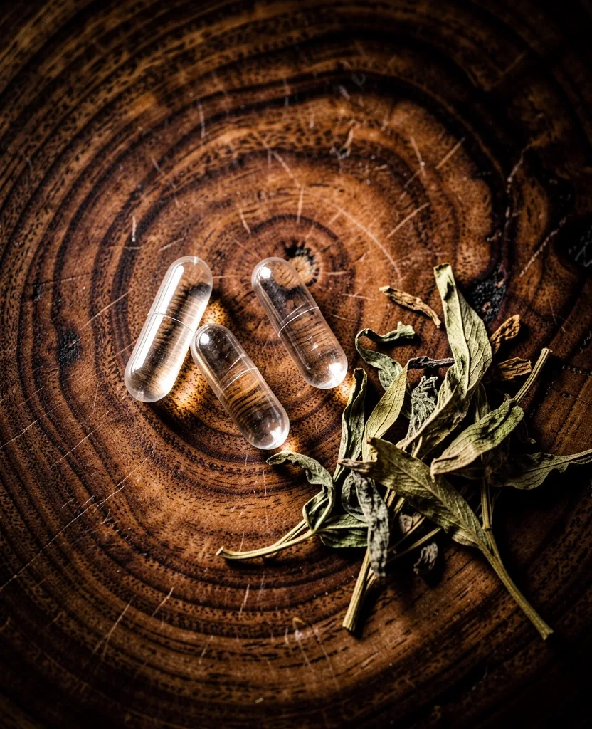 Natural supplement capsules on a wooden tray
