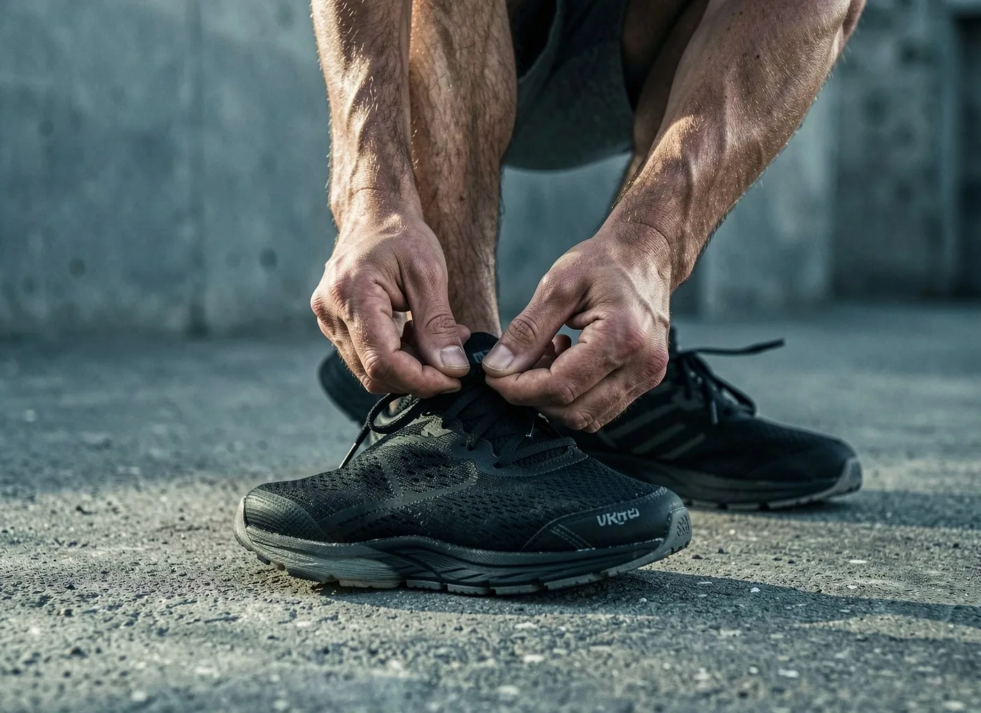 Hands tying running shoes on concrete in morning light