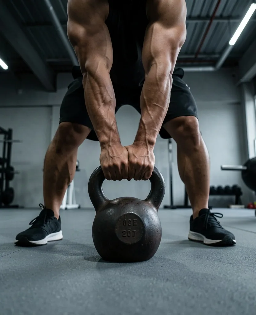 Man performing a kettlebell deadlift in a minimalist gym