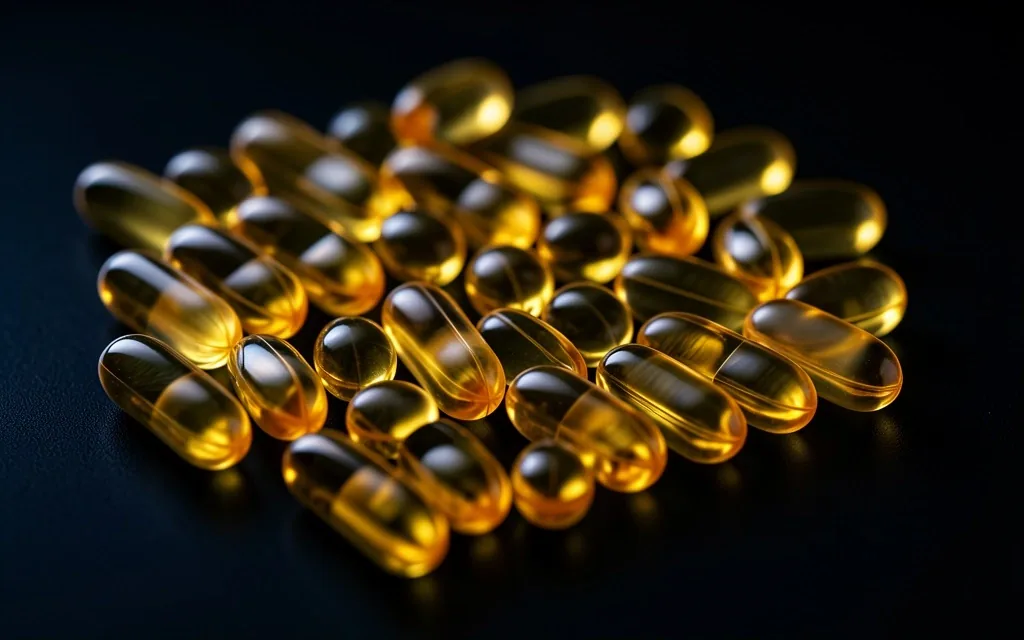 Natural supplement capsules on dark surface