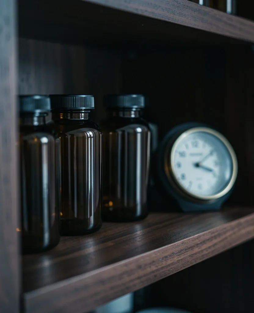 Supplement storage on a wooden shelf