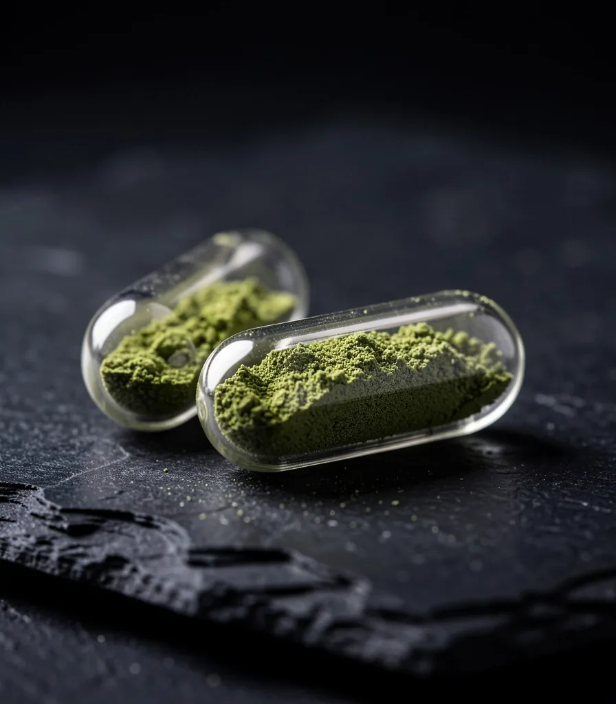 Botanical supplement capsules on a dark surface