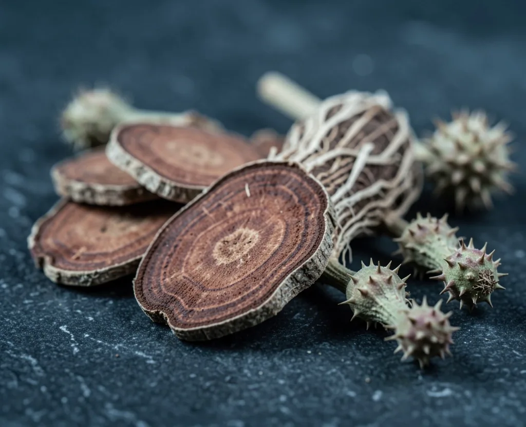 Dried maca root and tribulus plant material on a dark surface