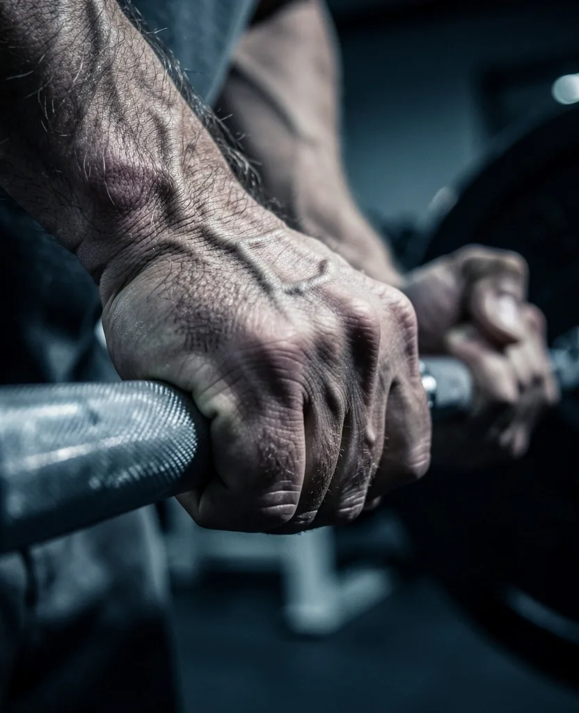 Hands gripping a barbell in low-key lighting