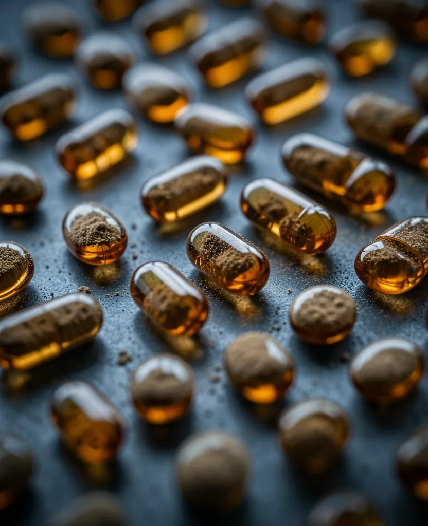 Natural supplement capsules on a dark surface
